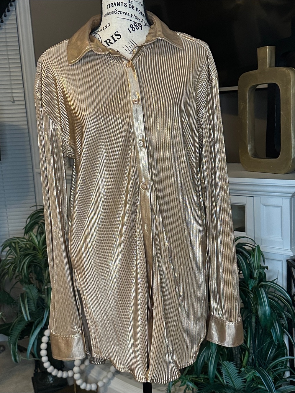 Fashion Nova Metallic Gold Pleated Button-Down Shirt